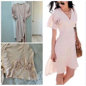 Women's ASTR the Label Wrap Dress, Blush Pink, M, Crochet Sleeve High Low Hem